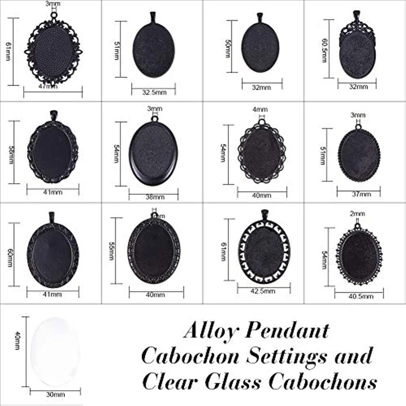 24pcs 30x40mm Black Oval Alloy Blank Bezel Pendant Trays Settings and Transparent Glass Cabochon Memorial Photo Pendant DIY