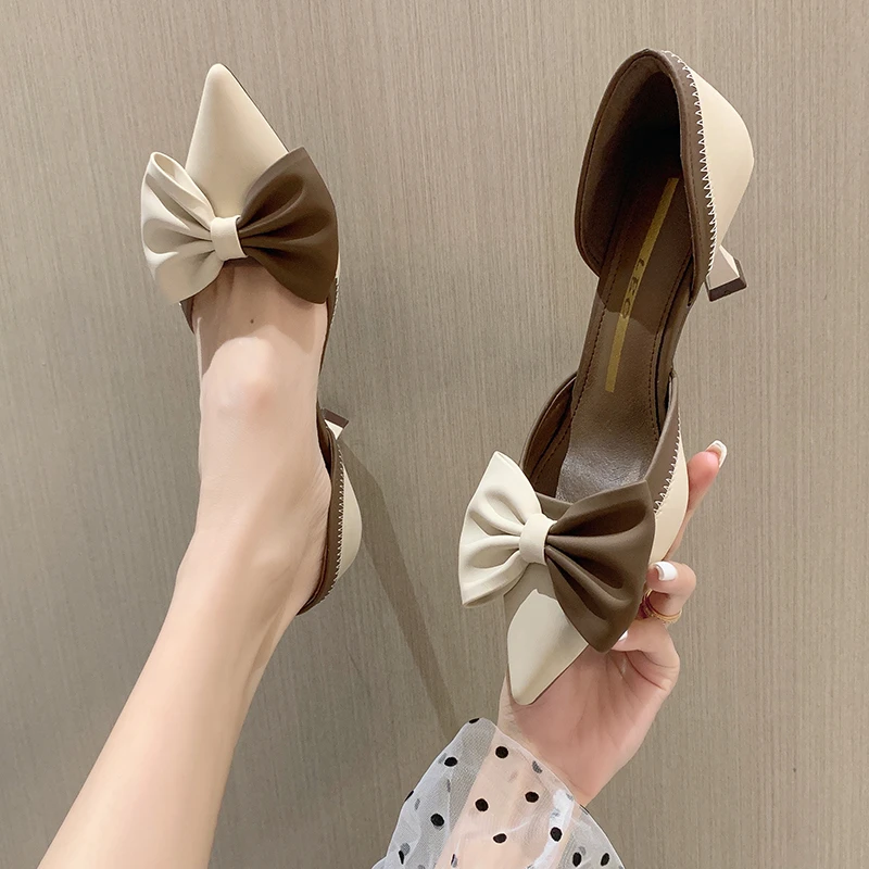 2024 New Mix Color Bowtie High Heels Shoes Women Two-Piece Thin Heels Pumps Woman Pointed Toe Elegant Slip-On Party Shoes Ladies