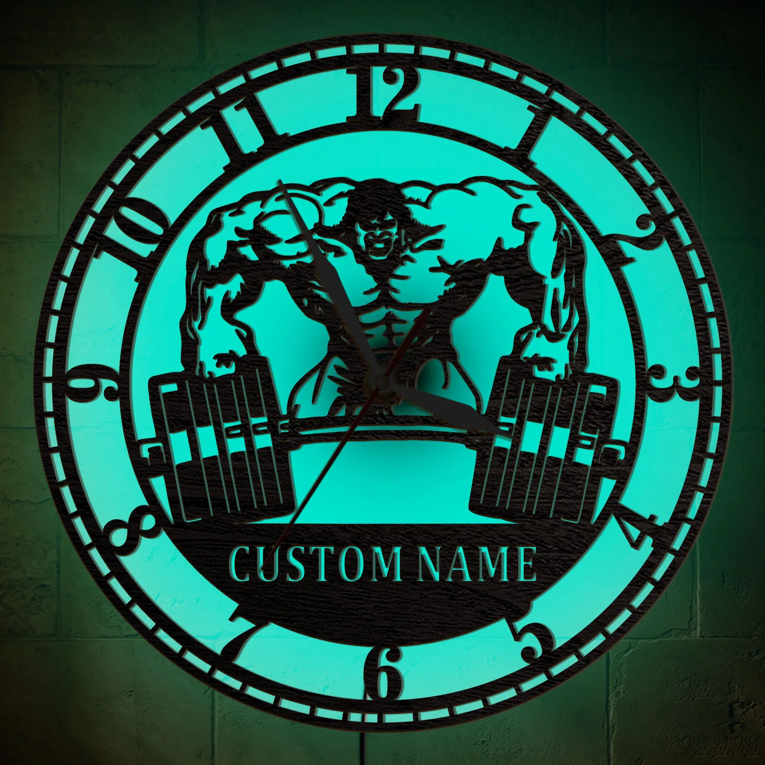 Personalized Bodybuilder LED Lighted Wall Clock for Home GYM Fitness Room Dumbbell Weightlift Night Light Clock with Custom Name