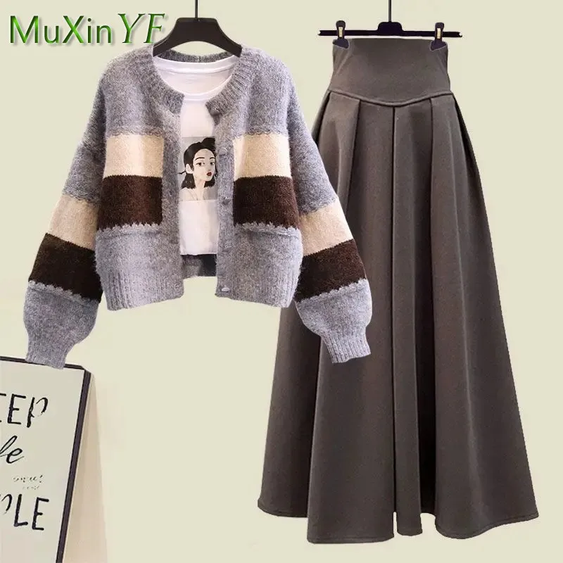Women Autumn Winter New Elegant Knit Cardigan Coat+high Waist Midi Skirt Two-piece Set Korean Retro Sweater Dress Matching Suit