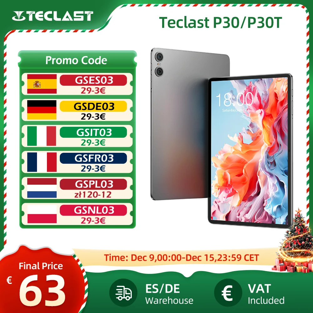 Tableta Teclast P30T Android 14, 10,1 pulgadas, Max 10GB RAM, 128GB ROM, 1280x800 IPS, Allwinner A523 8 núcleos, tipo C, 6000mAh