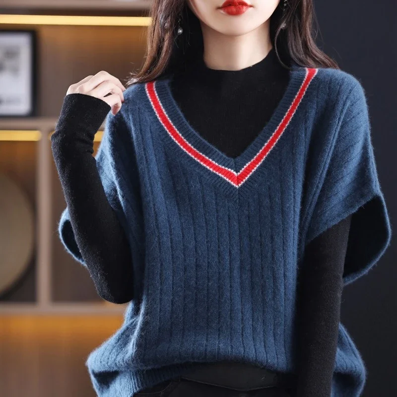 2025 New Women's Knitted Vest Vest V-neck Color Matching Base Bat Sleeve Loose Versatile Knitted Sweater