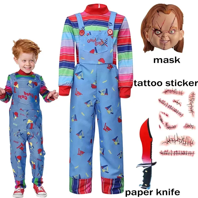 Film Chucky Cosplay Costume Horro enfant jouer Cosplay chemise barboteuses ensemble complet accessoires tatouage autocollant Halloween carnaval pour les enfants