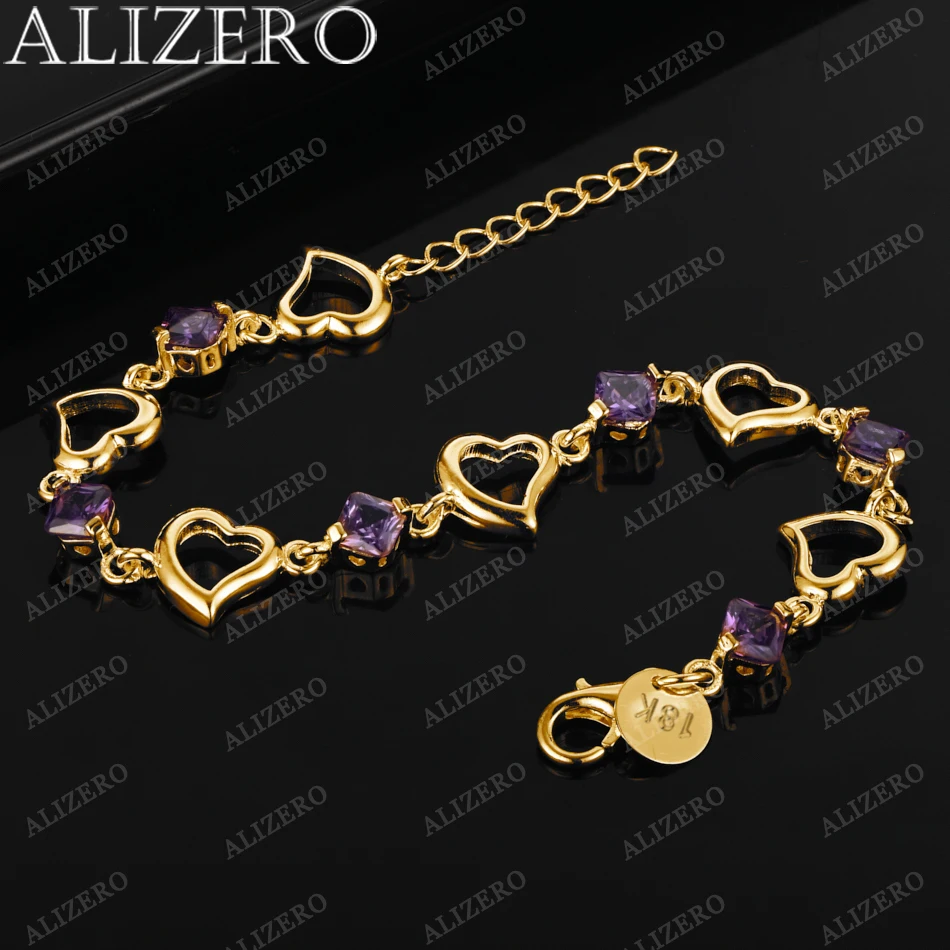ALIZERO 여성용 18K 골드 팔찌, 보라색 크리스탈 지르콘 하트 팔찌, 패션 웨딩 파티 선물, 파인 주얼리 도매