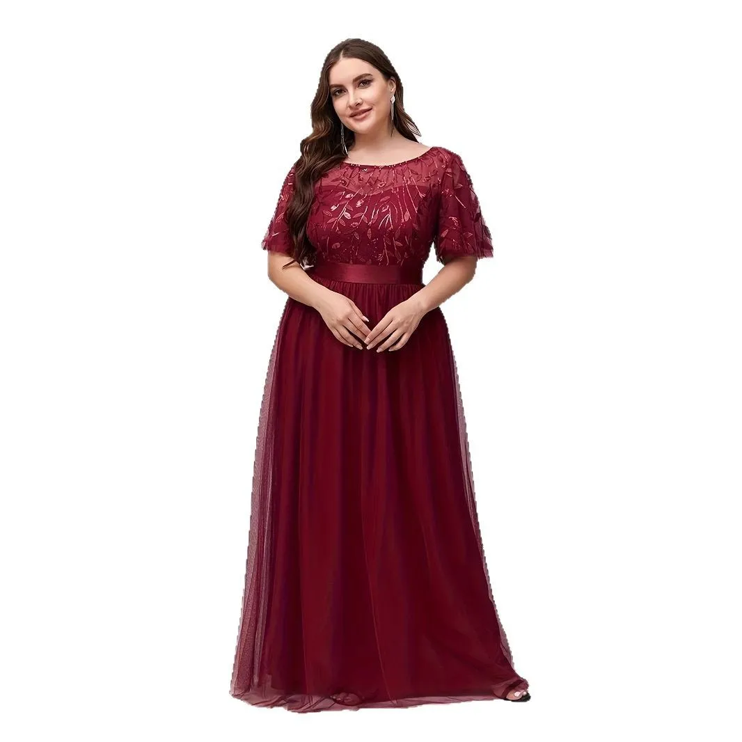 

Elegant Round Neck Sequined Long Formal Evening Dress With Short Sleeves Burgundy