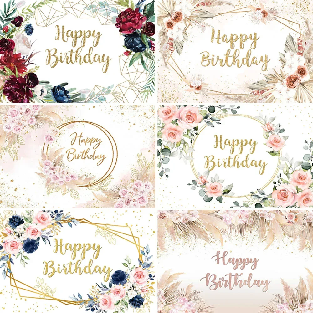 

Happy Birthday Backdrop Bohemia Theme Pampas Grass Eucalyptus Pink Floral Decoration Wedding Baby Shower Background Photo Studio