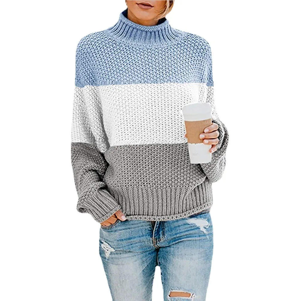 

Autumn Winter Women's Coarse Tead High Collar Sweater Knitted Regular Thin A-Line Knitwear Soft Acrylic Blend