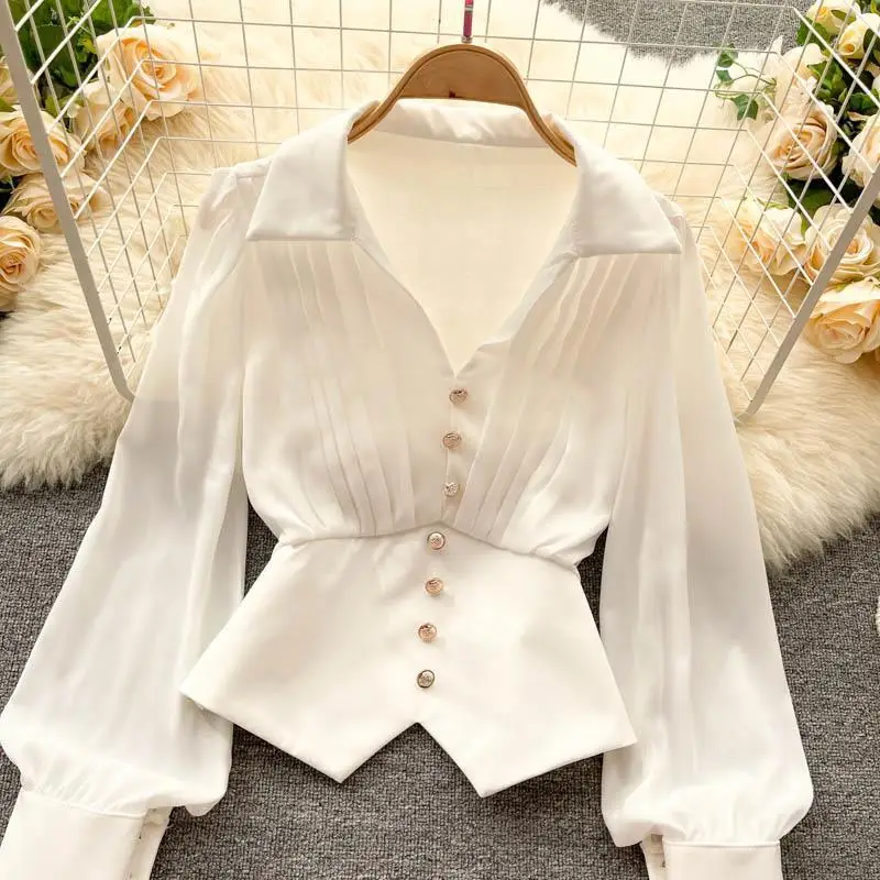 White Casual Polo-Neck Pullover Buttons Puff Sleeve Straight Women\'s Blouse Short Shirt Female Clothing Tops 2024 Fashion