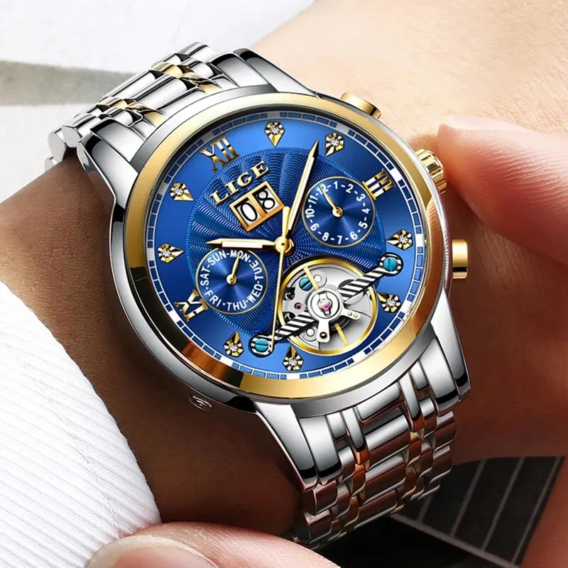 LIGE 2024 Top Brand Luxury Tourbillon Watch Men Fashion Sport Men\'s Mechanical Wristwatches Casual Waterproof Automatic Watch