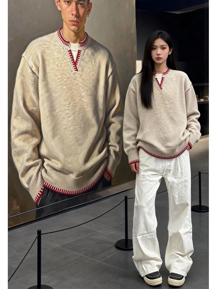 

Мужской вязаный свитер с V-образным вырезом, комплект, повседневный, свободный крой, с длинным рукавом, базовый слой, осень-зима, модный городской стиль