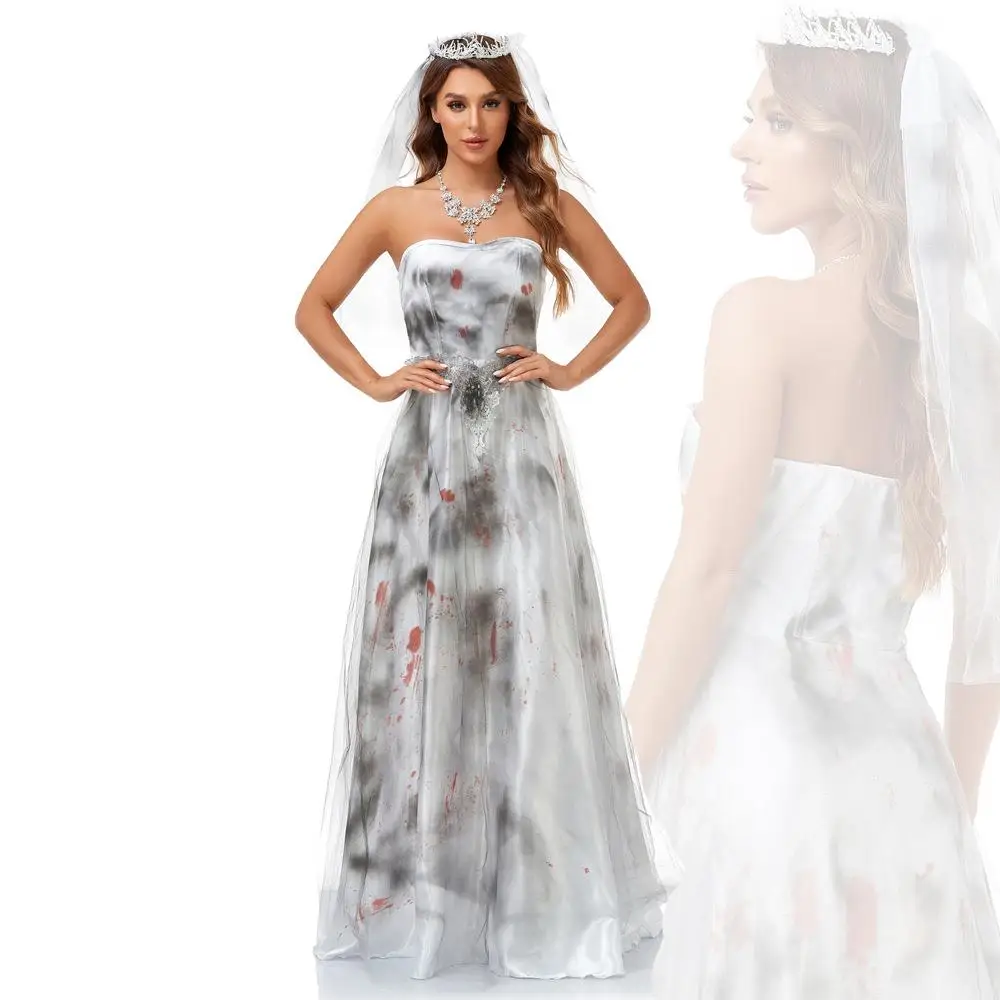 

Water-Based Ink Smudging Bloodstained Wedding Dress Zombie Cosplay Performance Halloween Gift Traditional Chinese Cos...