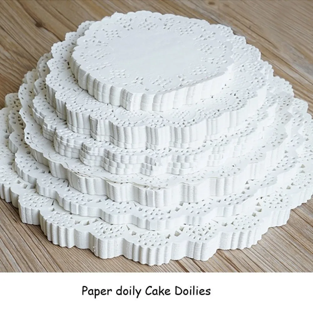 100PCS Round Shape Lace Paper Doilies Dessert Serving Flower Bottom Pattern Baking Paper Sheets Hollow Lace Oil Absorbent Paper