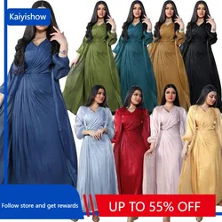 Abaya Dress Summer Autumn Fashion Muslim Women Long Sleeve V-neck Polyester Pink Red Yellow Black Long Dress Muslim Sets