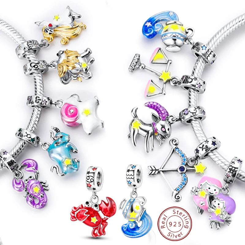 925 Sterling Silver 12 Constellation Luminous Charms Beads Pendants Fit Original Bracelet Neckalce Charm DIY Jewelry