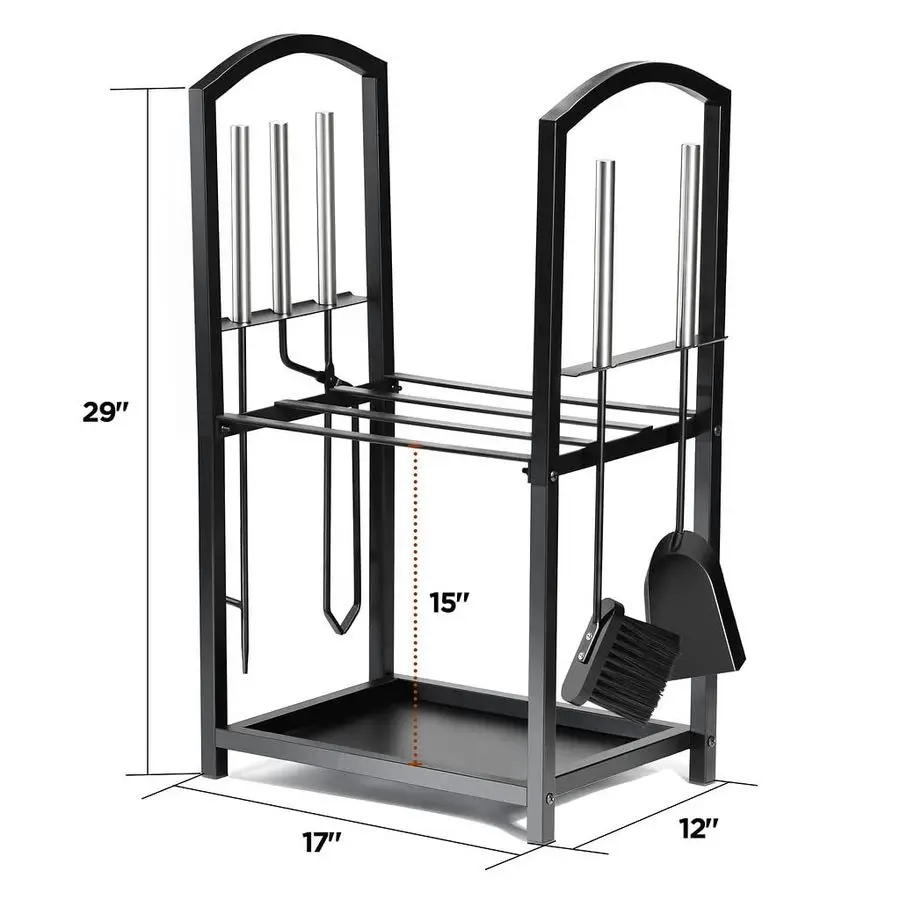 رف الحطب من IT حامل الحطب الداخلي والخارجي مكون من طبقتين مع مجموعة أدوات الموقد، فرشاة، مجرفة، بوكر، ملقط فولاذي مقاوم للماء #3