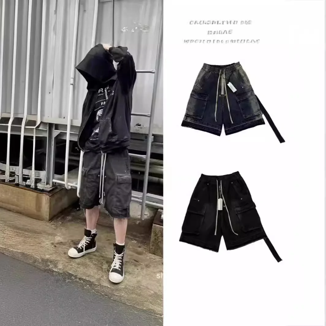 

Rick RO Washed Smoke Gray Gradient Multi-Pocket Work Pants Straight Trousers with Drawstrings with Frayed Edges Denim Pants