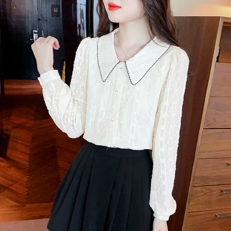 Sweet Peter Pan Collar Button Lace Gauze Shirts Women Clothing 2023 Autumn Loose Office Lady Tops Sweet Blouses