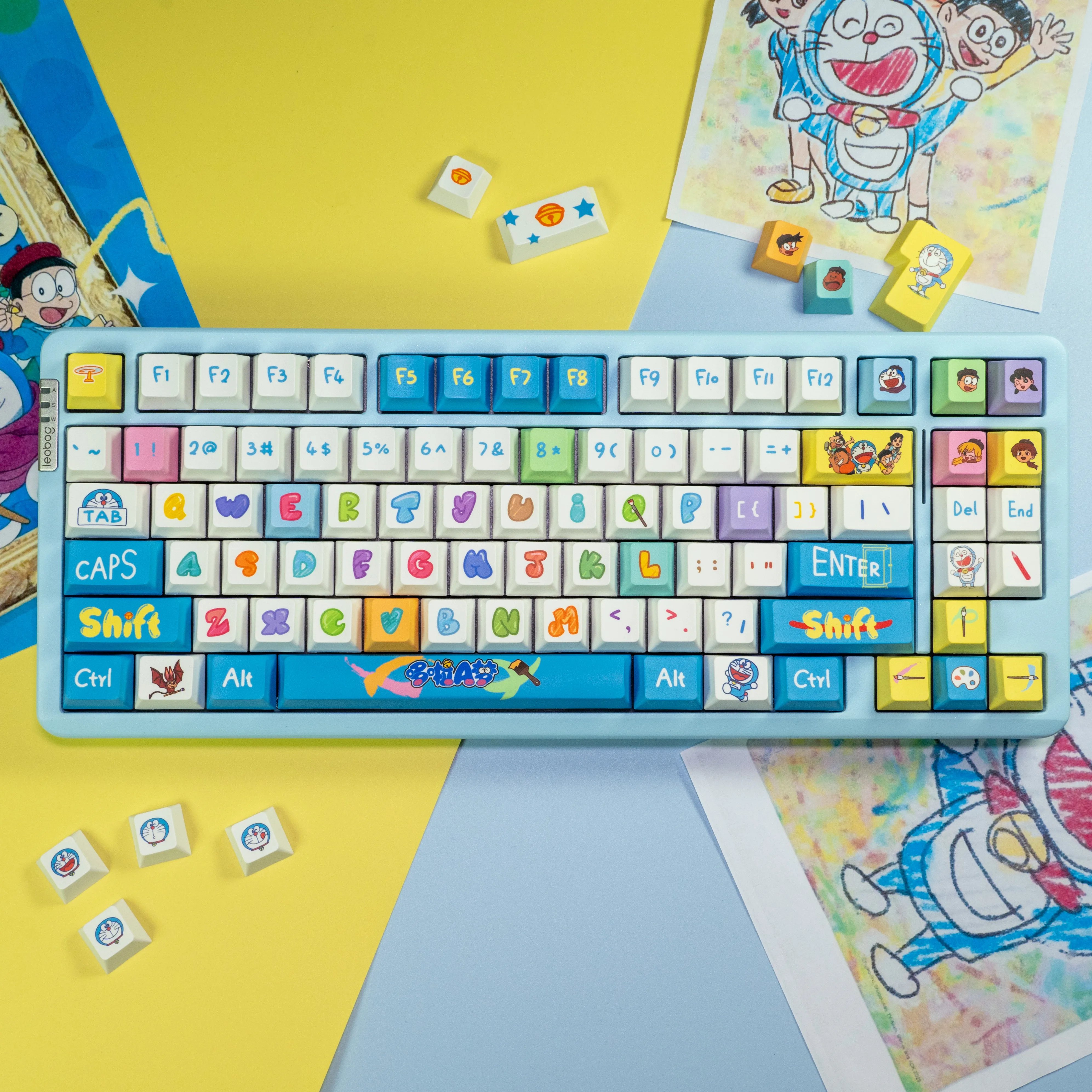 

CAPWAYI Blue Robot Cat Artisan Колпачки для клавиш 130 клавиш Набор из ПБТ, OEM-профиль, 5-сторонняя сублимация с красителем для механической клавиатуры MX