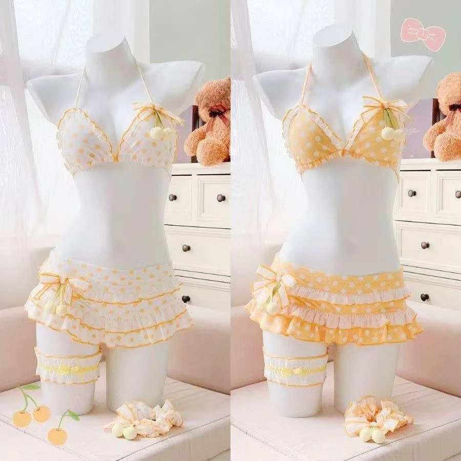 Sexy Halter Neck Lolita Swim Set Women Kawaii Floral Ruffle Two Piece Swimsuit Summer Daily