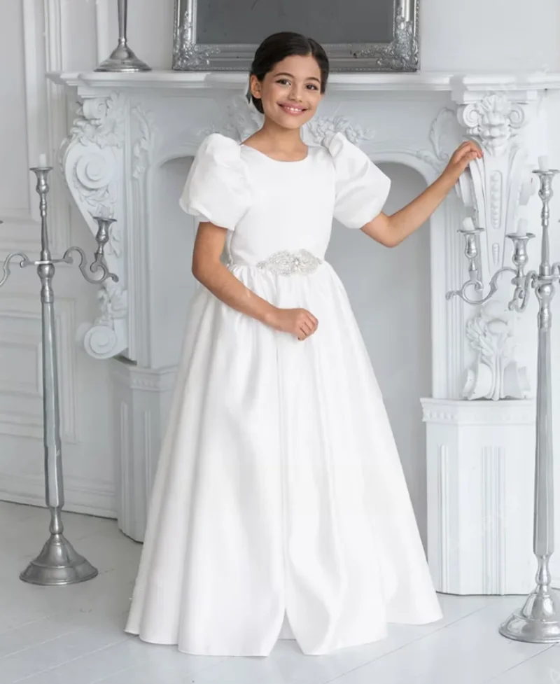 High Quality Princess Flower Girl Dress for Wedding Party Solid Satin V Back Girls First Communion Dress Size 1-14T