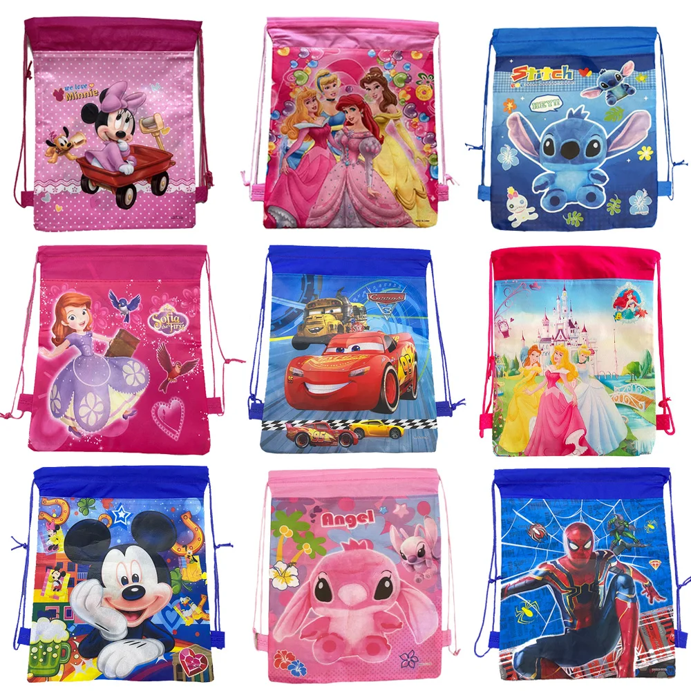 

12pcs/set Disney Mickey Minnie Frozen Spiderman Non-woven Fabrics Kid Favor Storage Bags Drawstring Bags School Backpack Gifts