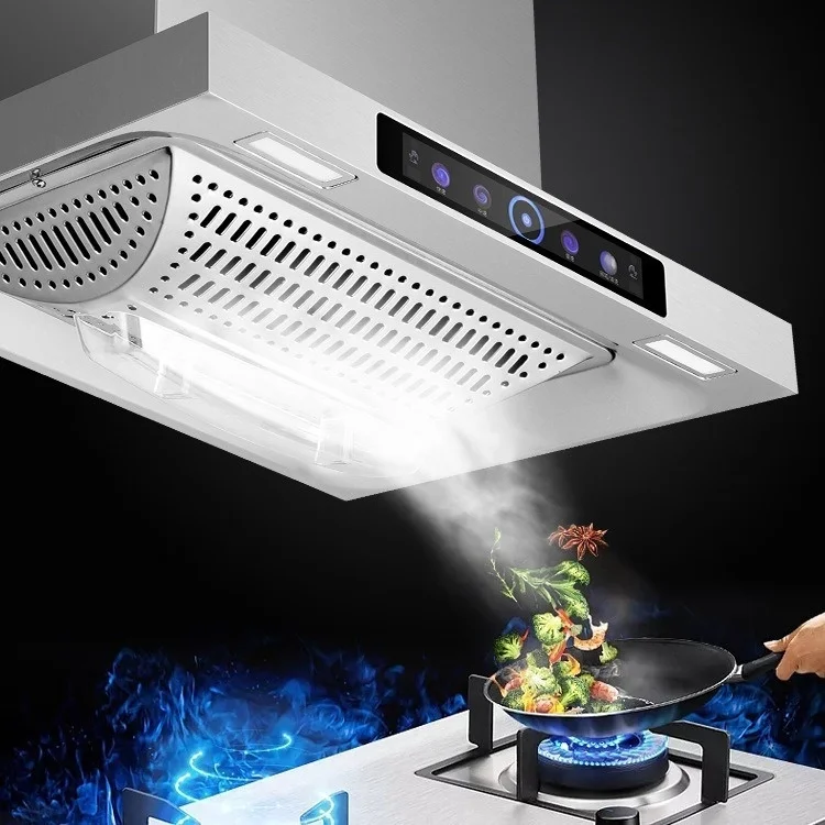 モダンなスリムレンジフード、クリスタルスクリーンと先進技術搭載、キッチン用レンジフード