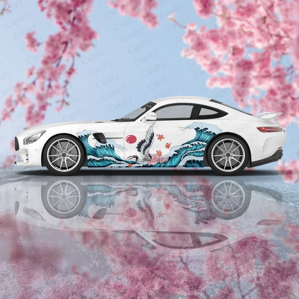 

Sea Wave Crane Spray Car Side Sticker Decoration Protection, Car Vinyl Wraps Waterproof Self-adhesive Sticker, Auto Accessories