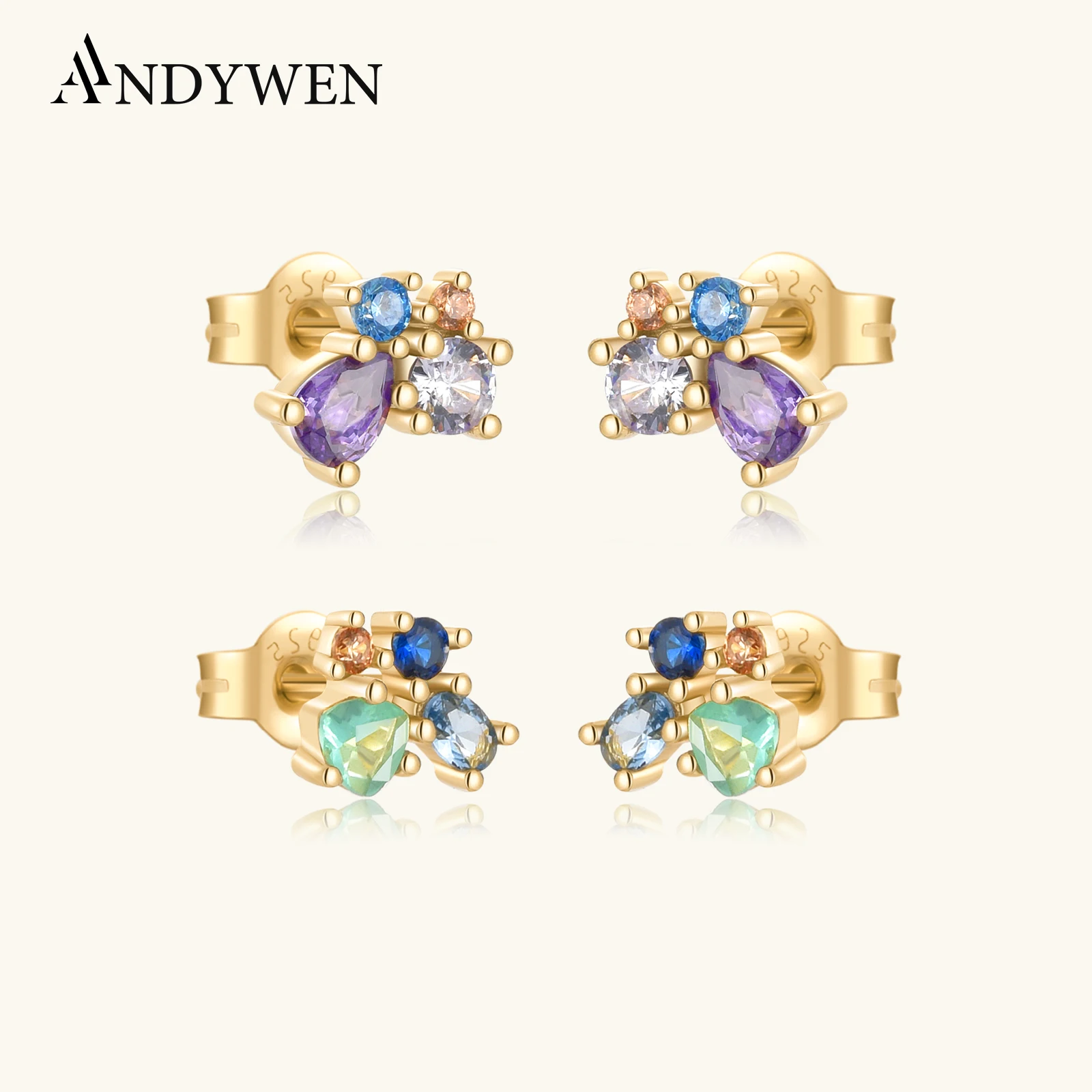 

ANDYWEN 925 Sterling Silver Gold Luxury Zircon Purple Blue Zircon Stud Earring Piercing Women Wedding Jewelry For Luxury Jewels