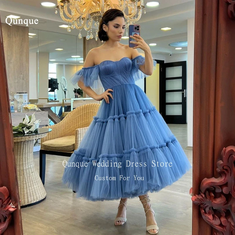 

Qunque Tulle Evening Dresses Customized Short Sleeves Modest Women Prom Gowns Wedding Guest Outfits Tea Length Robes De Soirée