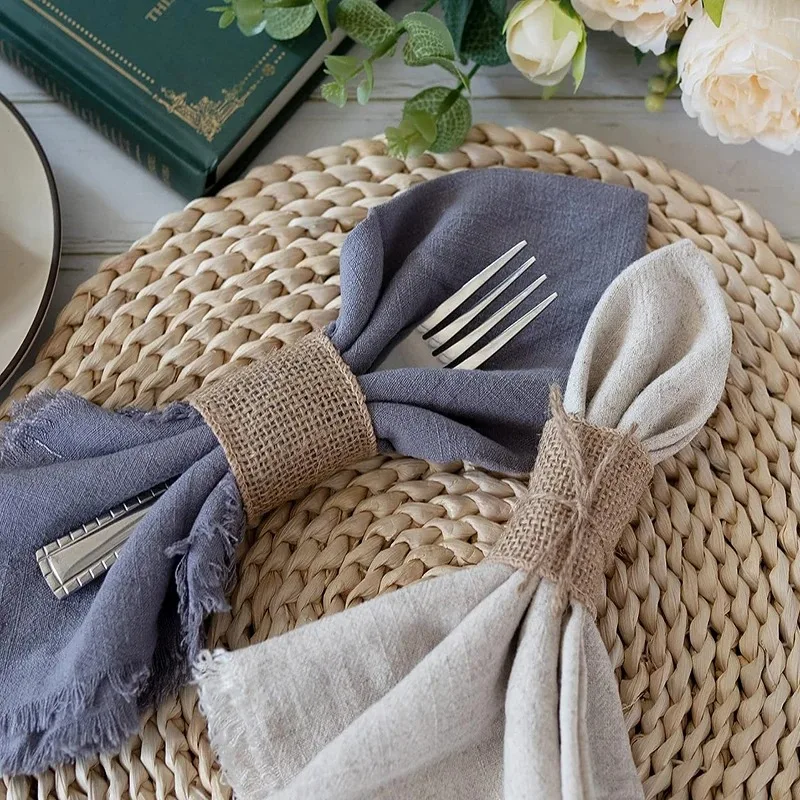 100pcs Natural Burlap Napkin Ring with Jute Rope Set Disposable Napkin Band Bulk Table Decor Wedding Dinner Country Party Decor