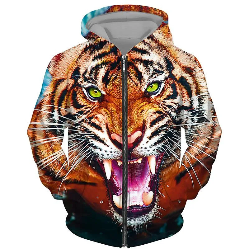 Fashion Tiger Lions 3d Print Hoodie For Men Women Zip Up Hoodies Oversized Animals Pattern Sweatshirt Streetwear Jacket Coat