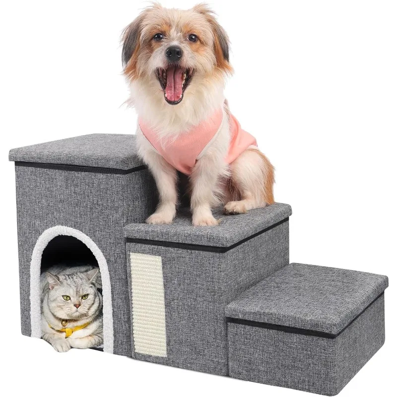

Dog Stairs for High Bed and Couch, 4 IN 1 Foldable Pet Stairs for Cats & Small and Medium Dogs, Adjustable Dog Steps with Pet Cl