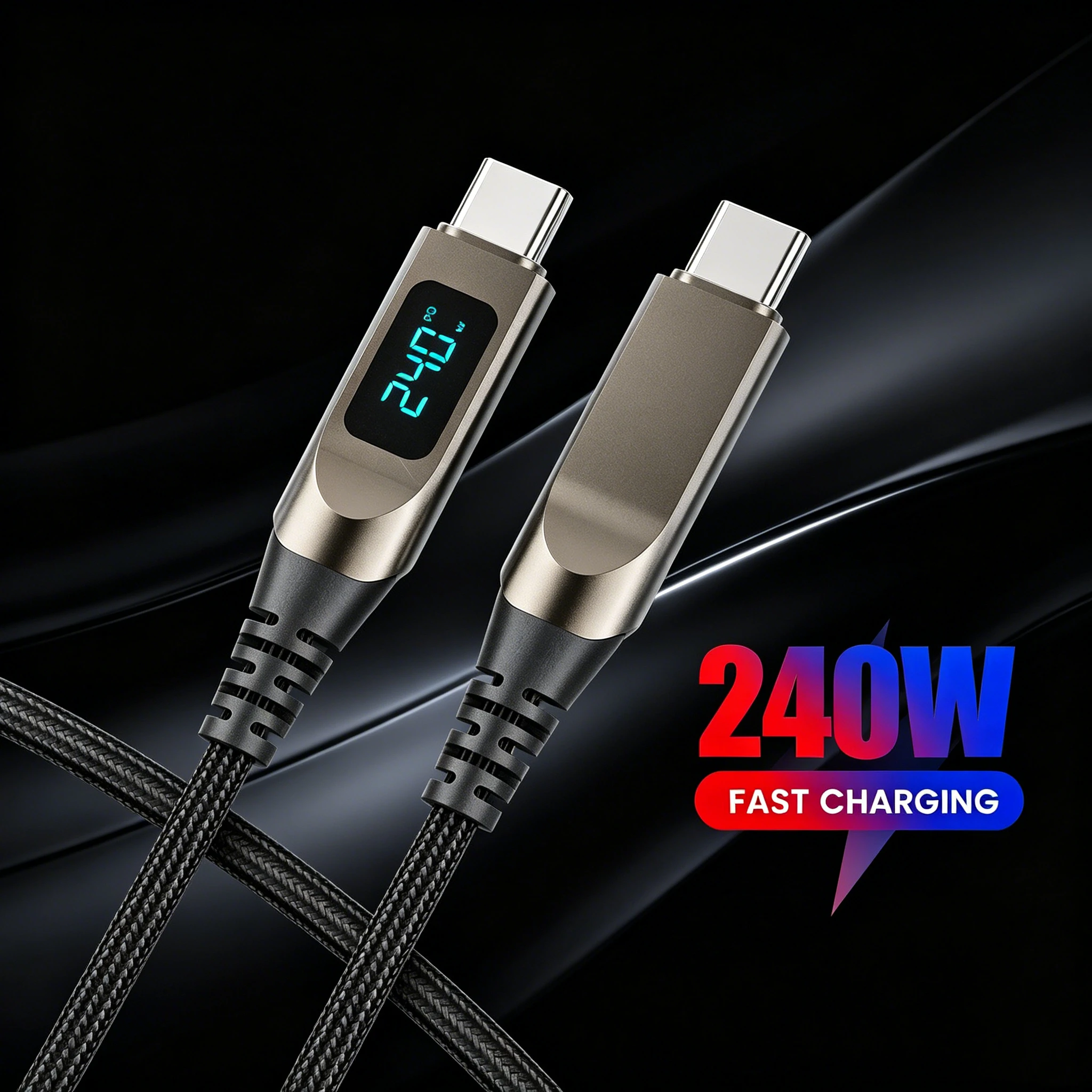 240W USB C to USB C Cable 5A Type C to Type C Braided Data Cord PD Fast Charging With Digital Display for iPhone Samsung Xiaomi