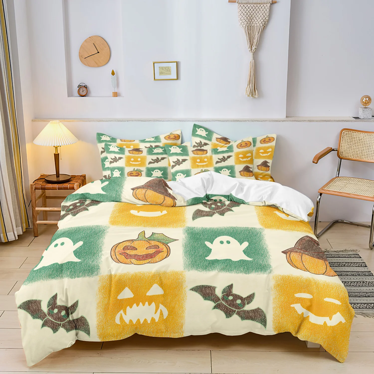 3 Pieces Cute Halloween Grid Print Duvet Cover Set, Retro Checkerboard Pumpkin Ghost Bat Hand‑Drawn Printed Bedding