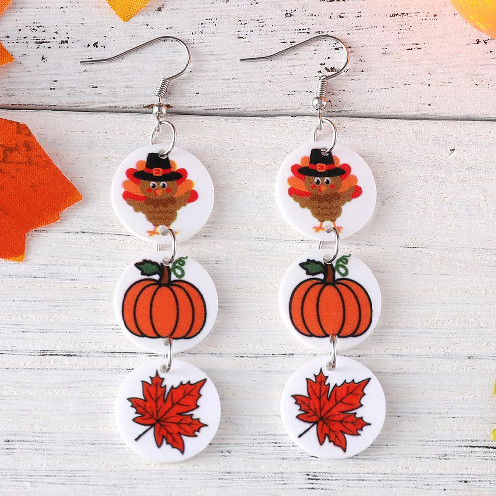 Thanksgiving Day Series Earrings Pumpkin Maple Leaf Triple Pendant Acrylic Disc Earrings Trendy Jewelry Presents