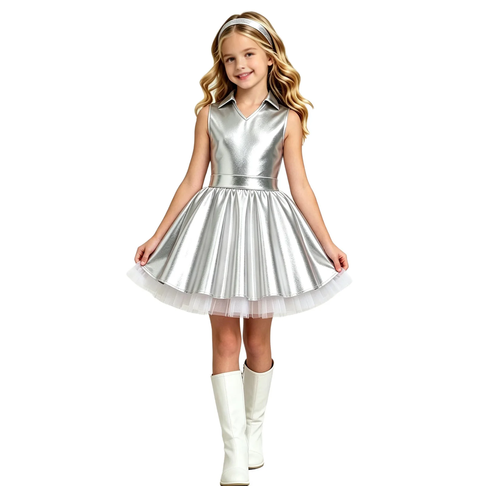 Kids Girls Disco Tutu Dress Space Robot Alien Costume Sleeveless Back Zipper A-line Tulle Metallic Dress Halloween Party