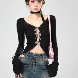 Fake Two Piece Halter Camisole Tops Mujer Y2k Long Sleeve Sun Protection Coat 2024 New Slim Fit Bow Hollow Out T-shirt for Women