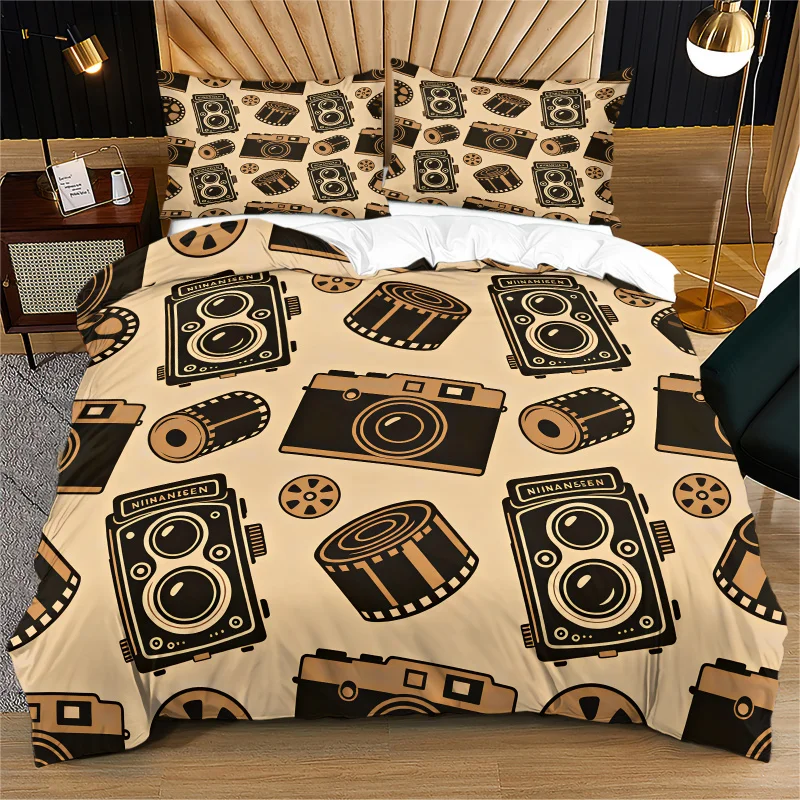 Vintage Camera Film Duvet Cover Set Bedding Set No Filler Digital Print Comforter Cover Soft Retro Style for Photography Bedroom