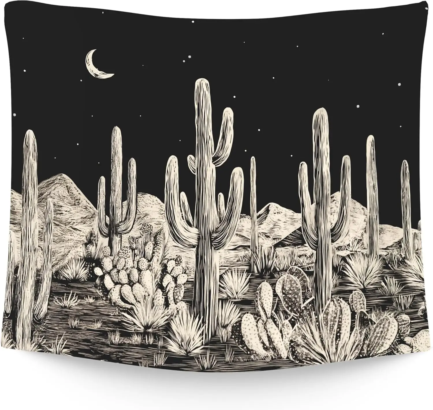 Western Country Black Hanging Wall Tapestry for Bedroom Cowboy Cowgirl, Desert Cactus Moon Midnight Wall Tapestries