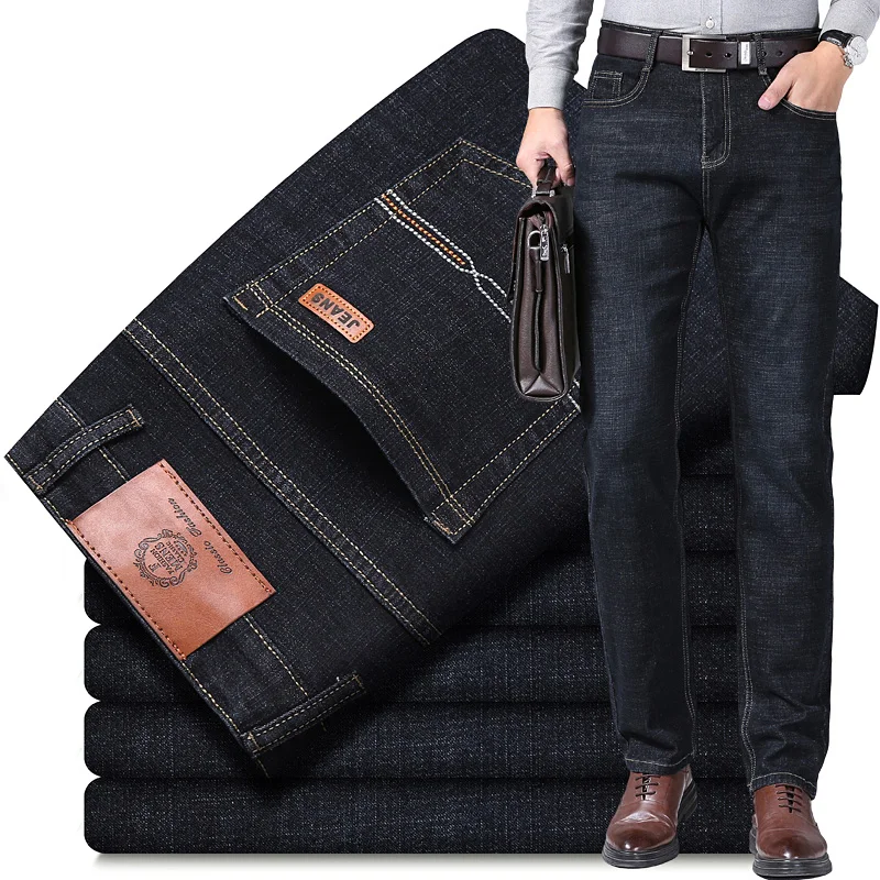 New Classic Business Straight Stretch Men\'s Jeans Soft Fashion Slim Casual Male Brand Denim Trousers Black Blue 28-40