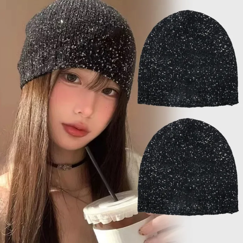 Korean Ins Style Sequin Knit Beanie Hat Sparkly Glitter Warm Skull Cap Y2K Girl Hat Winter Headwear Daily Party Hair Accessories