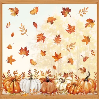 5Pcs Autumn Window Clings, Pumpkin & Leaf Double-Sided Glass Stickers, Thanksgiving Decorations, Fall Harvest Window Decals for