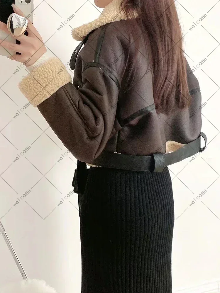 Winter Women Short Jacket with Belt Moto Biker Thick Warm Sheepskin Coat Outwear Streetwear Faux Lamb Leather Fur