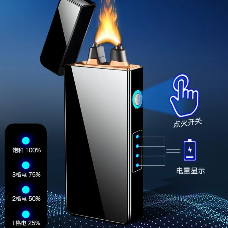 Powerful Flame USB Lighter Big Firepower Windproof Rechargeable Electronic Plasma Dual Arc Lighter LED Display Smoking Gadget