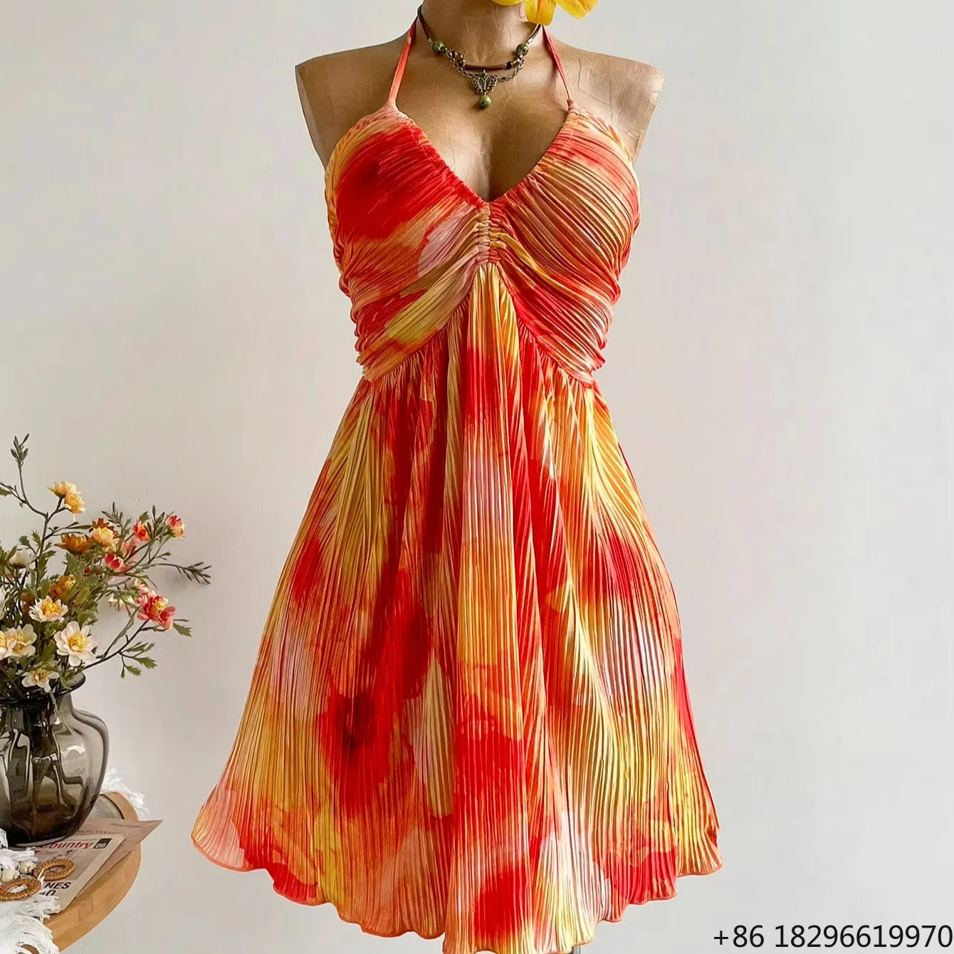 v-neck-woven-pleated-ruffle-hem-elegant-knee-length-casual-ladies-dress