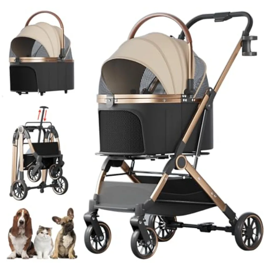 4 Wheels Pet Stroller for Small Medium Dogs Cats Up to 45 lbs Folding Dog Stroller with Detachable Breathable Carrier Suitable