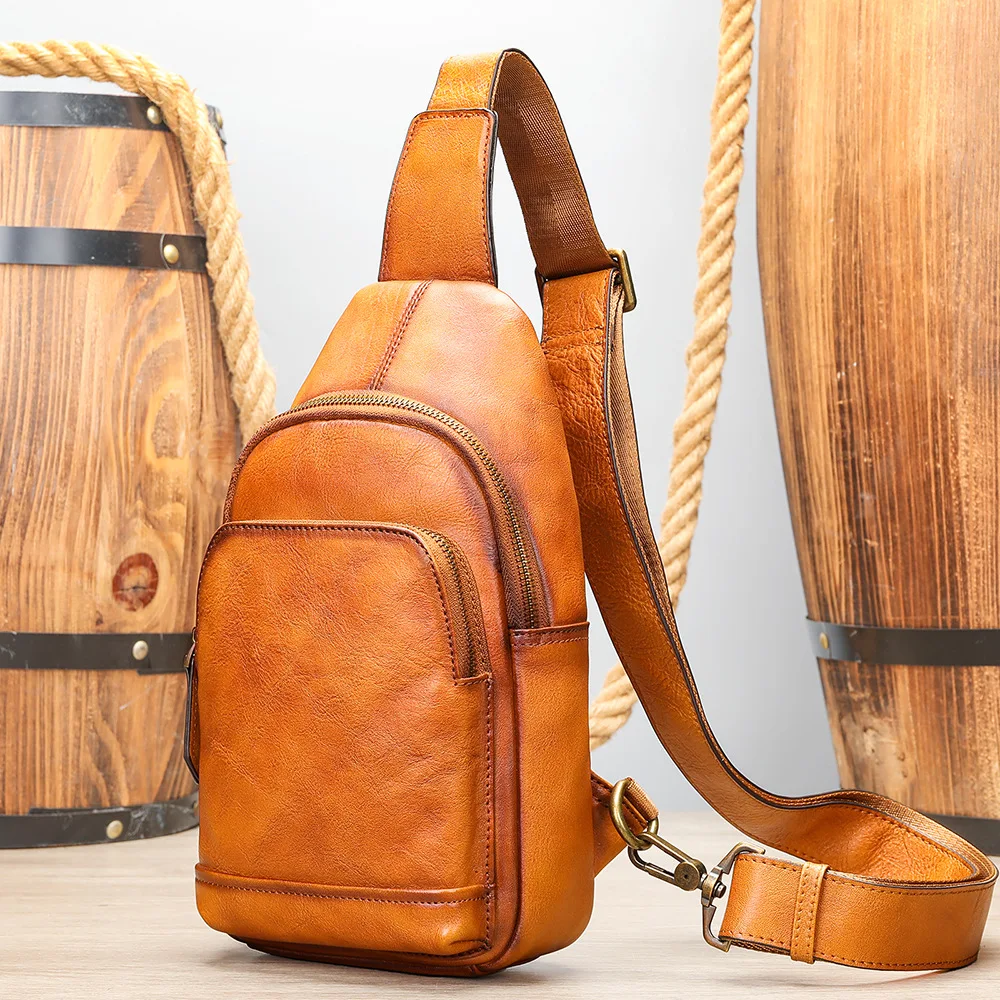 Vintage Handmade Rubbed Color Shoulder Crossbody Bag for Men, Top Grain Cowhide Multifunctional Chest Bag