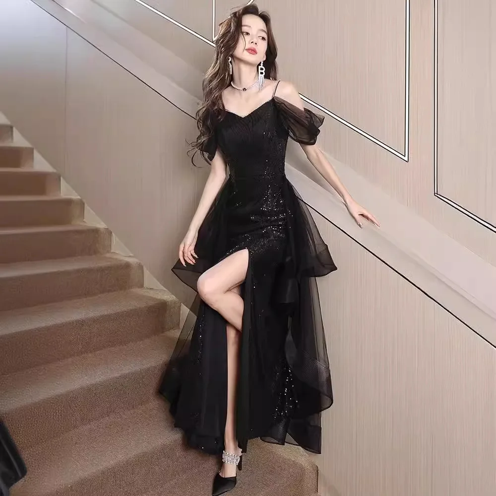

Elegant Black Evening Gown Women's 2024 New High-End Sensation Lady Dress Luxury Small Luxury Sexy Slit Strapless Custom-Made