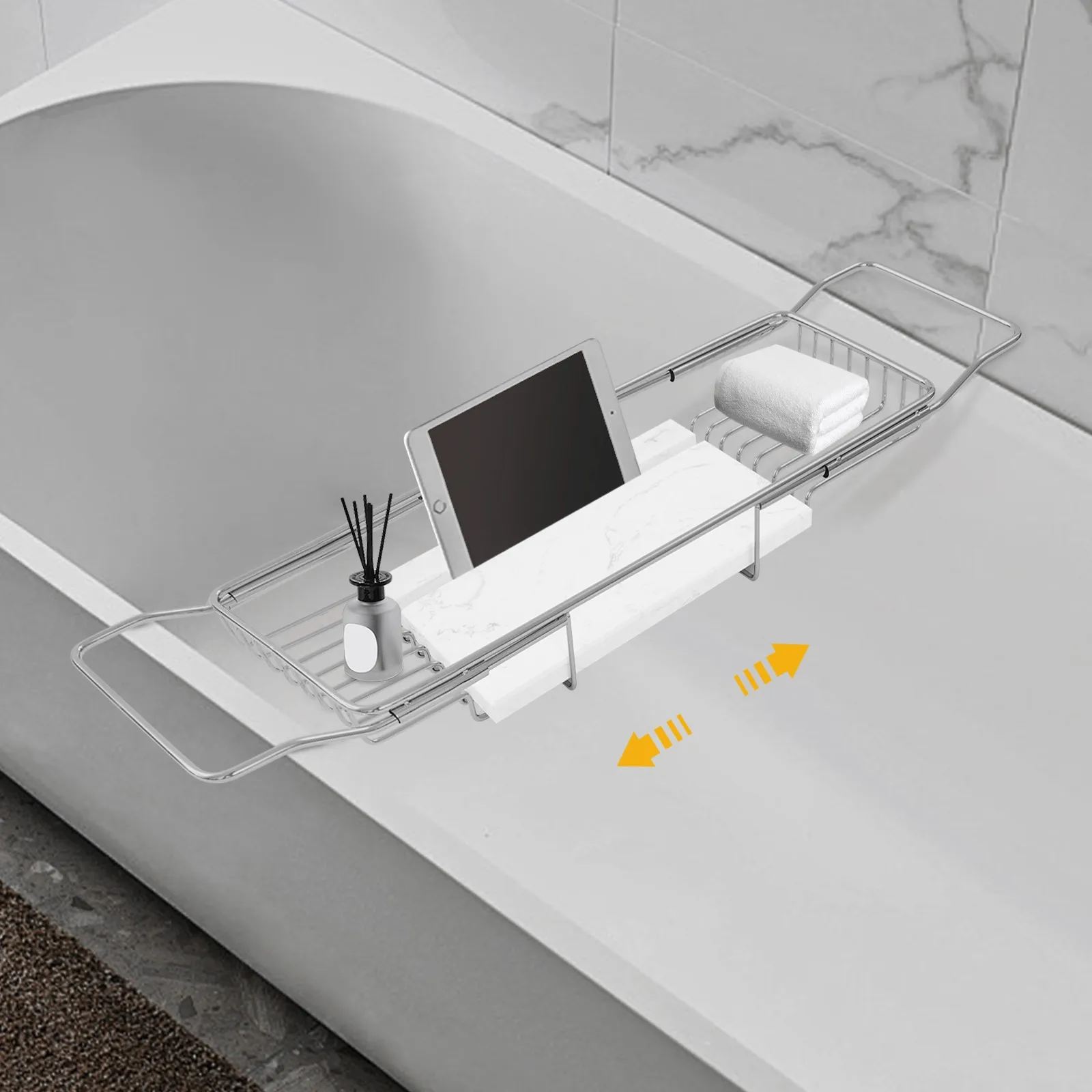 

201 Stainless Steel Stylish Expandable Bathtub Tray 20.08*6.69*2.36in with Marble Board