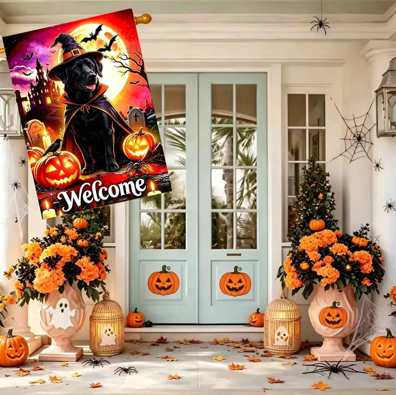 Large Halloween Garden Flags for Outside 28 x 40 Double Sided | Large Burlap Seasonal Pumpkin Welcome Black Lab Dog Hallowee llp